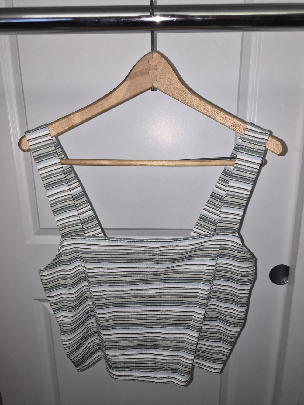 American Eagle Outfitters Striped Square-Neck Crop Tank - White, Green & Gray